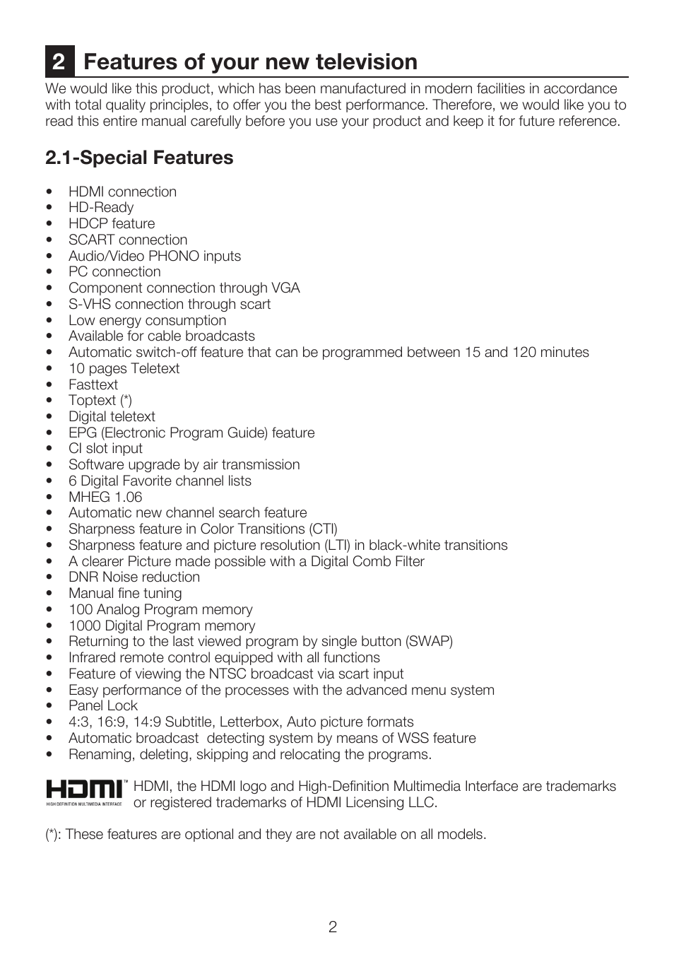 2features of your new television, Special features | Beko 22WLP530HID User Manual | Page 4 / 32