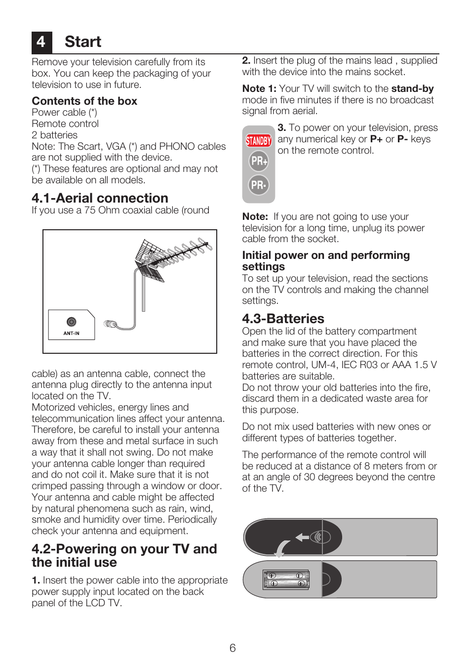 4start, Aerial connection, Powering on your tv and the initial use | Batteries | Beko 22WLP530HID User Manual | Page 8 / 32
