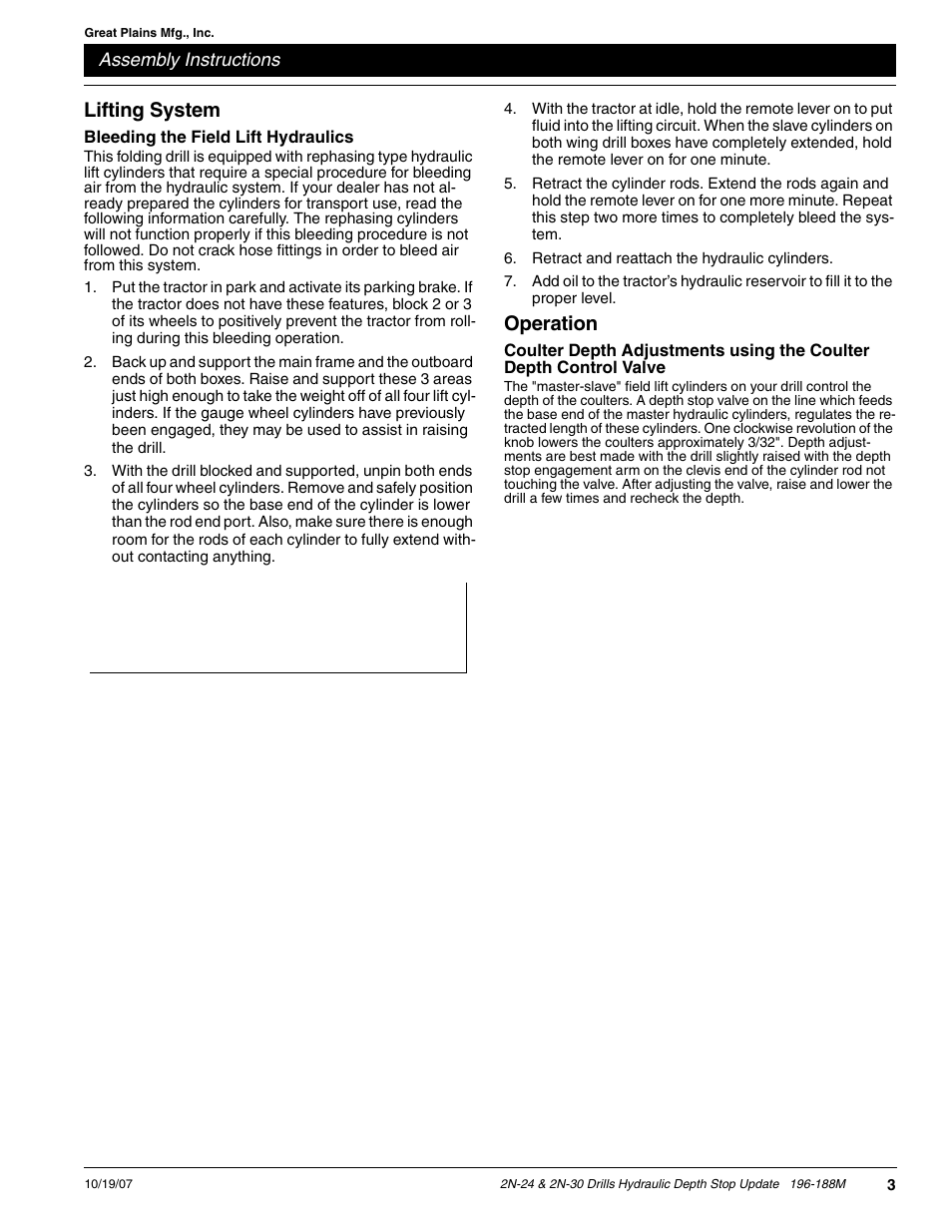 Lifting system, Operation | Great Plains Hydraulic Depth Stop User Manual | Page 3 / 4