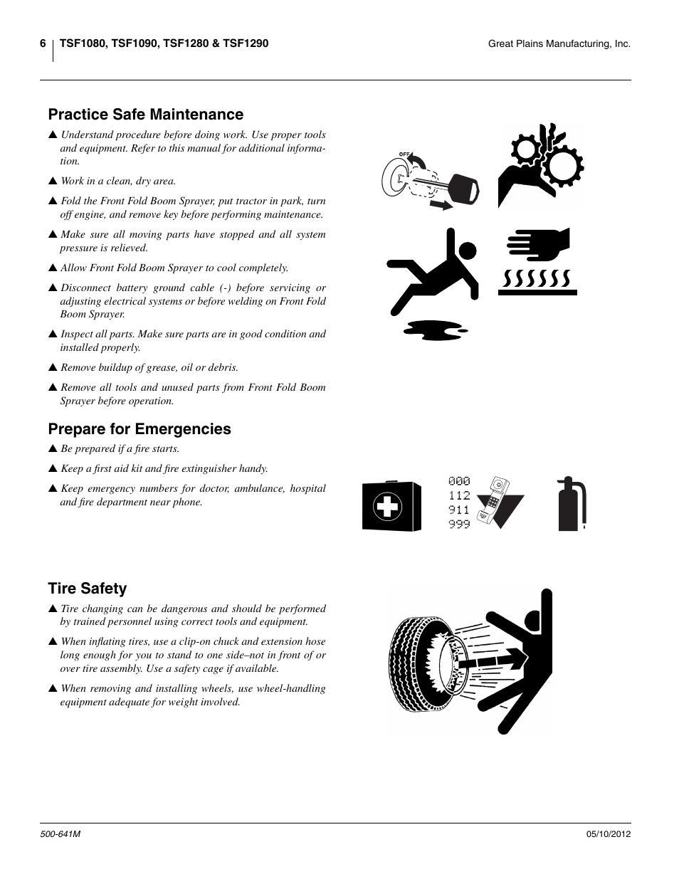 Practice safe maintenance, Prepare for emergencies, Tire safety | Great Plains TSF1290 Operator Manual User Manual | Page 10 / 96