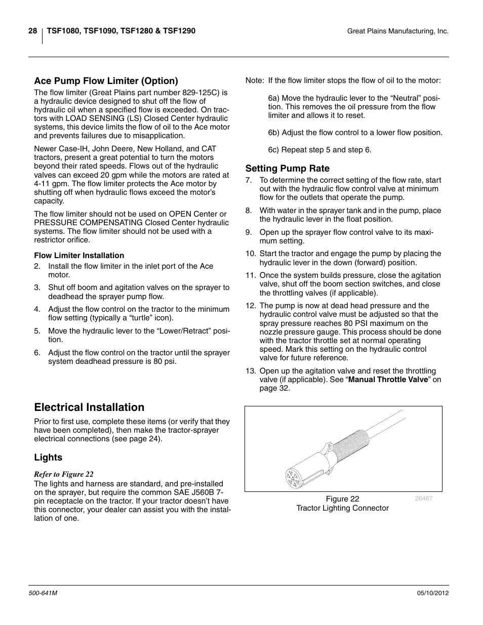 Ace pump flow limiter (option), Flow limiter installation, Setting pump rate | Electrical installation, Lights, If no limiter is required, skip to step 7 | Great Plains TSF1290 Operator Manual User Manual | Page 32 / 96