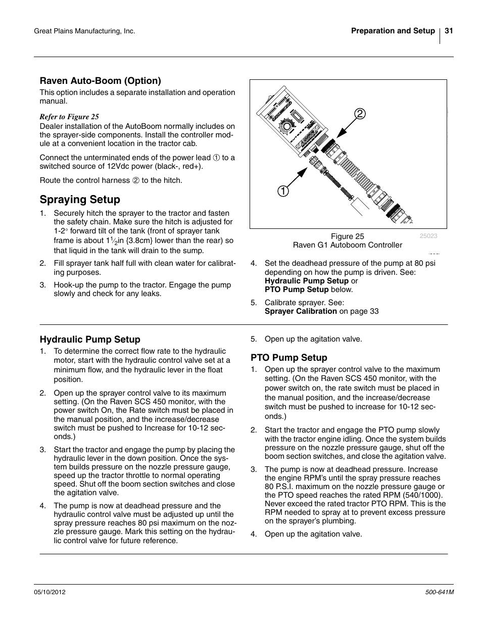 Hydraulic pump setup, Pto pump setup, Raven auto-boom (option) | Spraying setup, Hydraulic pump setup pto pump setup | Great Plains TSF1290 Operator Manual User Manual | Page 35 / 96