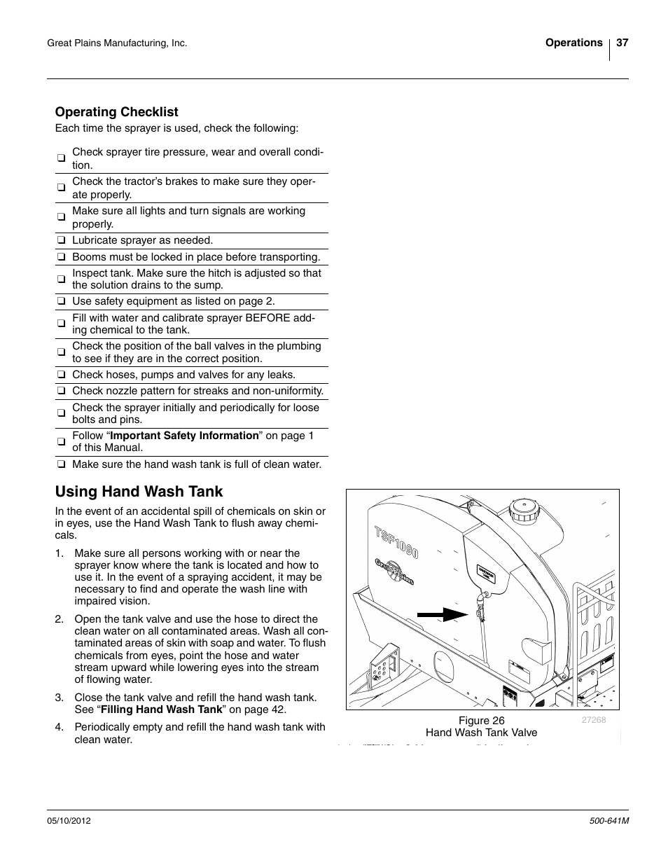 Operating checklist, Using hand wash tank | Great Plains TSF1290 Operator Manual User Manual | Page 41 / 96