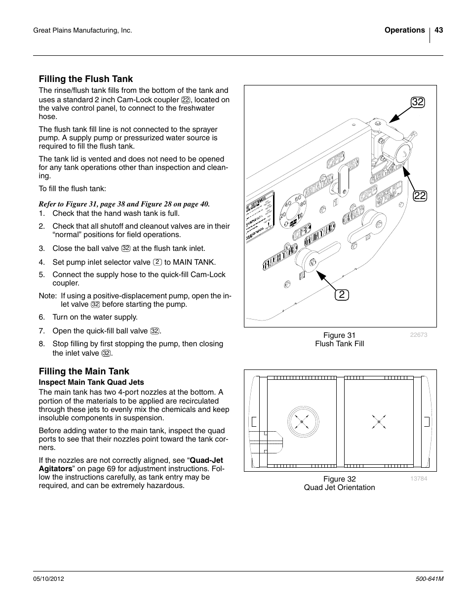 Filling the flush tank filling the main tank, Inspect main tank quad jets | Great Plains TSF1290 Operator Manual User Manual | Page 47 / 96