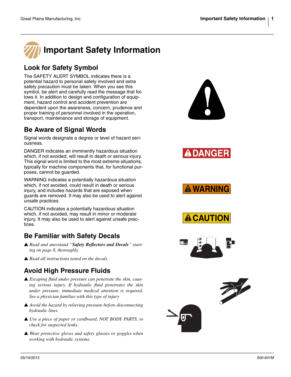 Important safety information, Look for safety symbol, Be aware of signal words | Be familiar with safety decals, Avoid high pressure fluids | Great Plains TSF1290 Operator Manual User Manual | Page 5 / 96