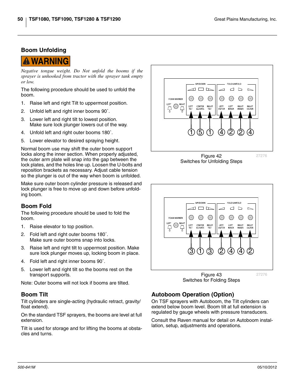 Boom tilt, Autoboom operation (option) | Great Plains TSF1290 Operator Manual User Manual | Page 54 / 96
