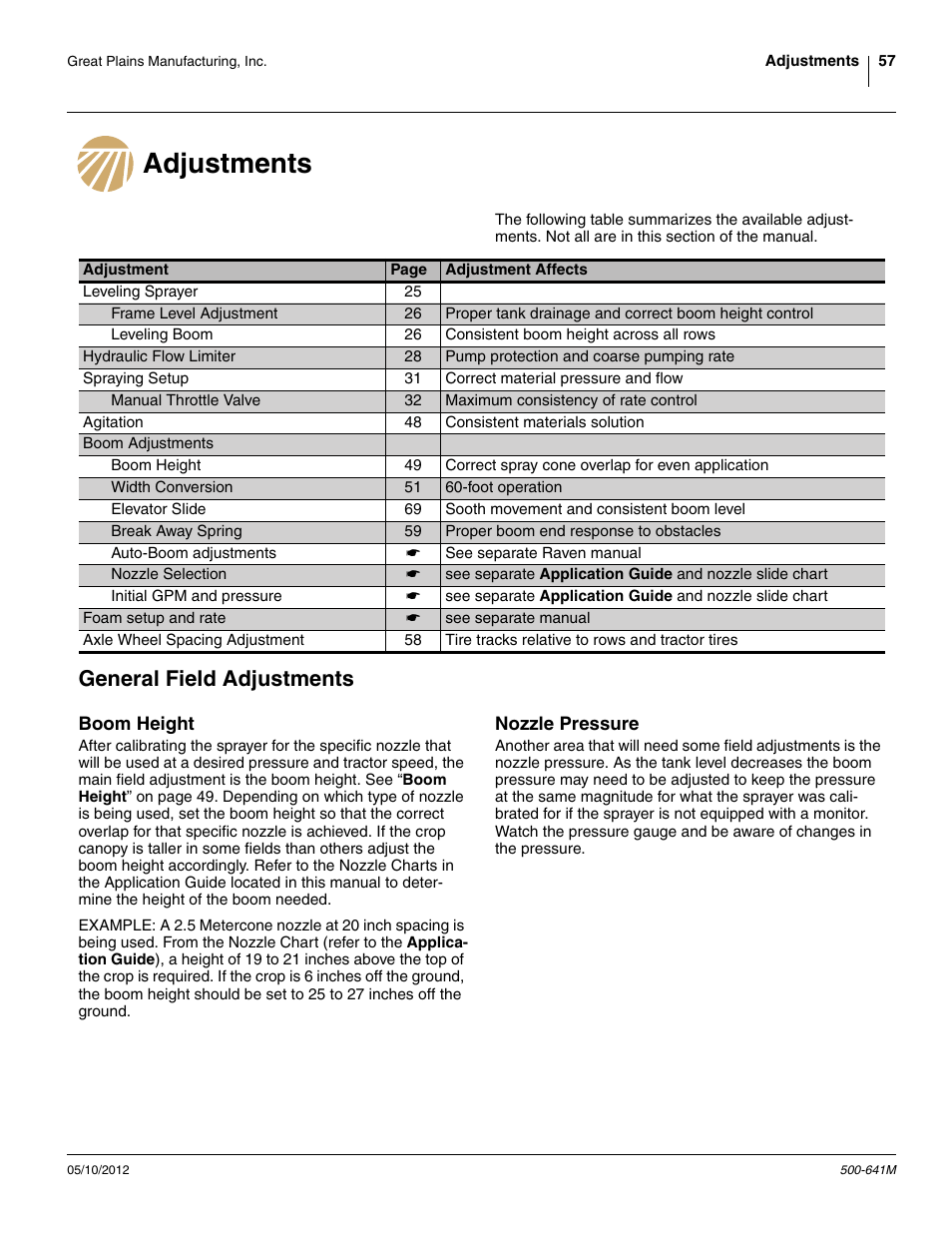 Adjustments, Boom height, Nozzle pressure | Adjustments general field adjustments, Boom height nozzle pressure, General field adjustments | Great Plains TSF1290 Operator Manual User Manual | Page 61 / 96