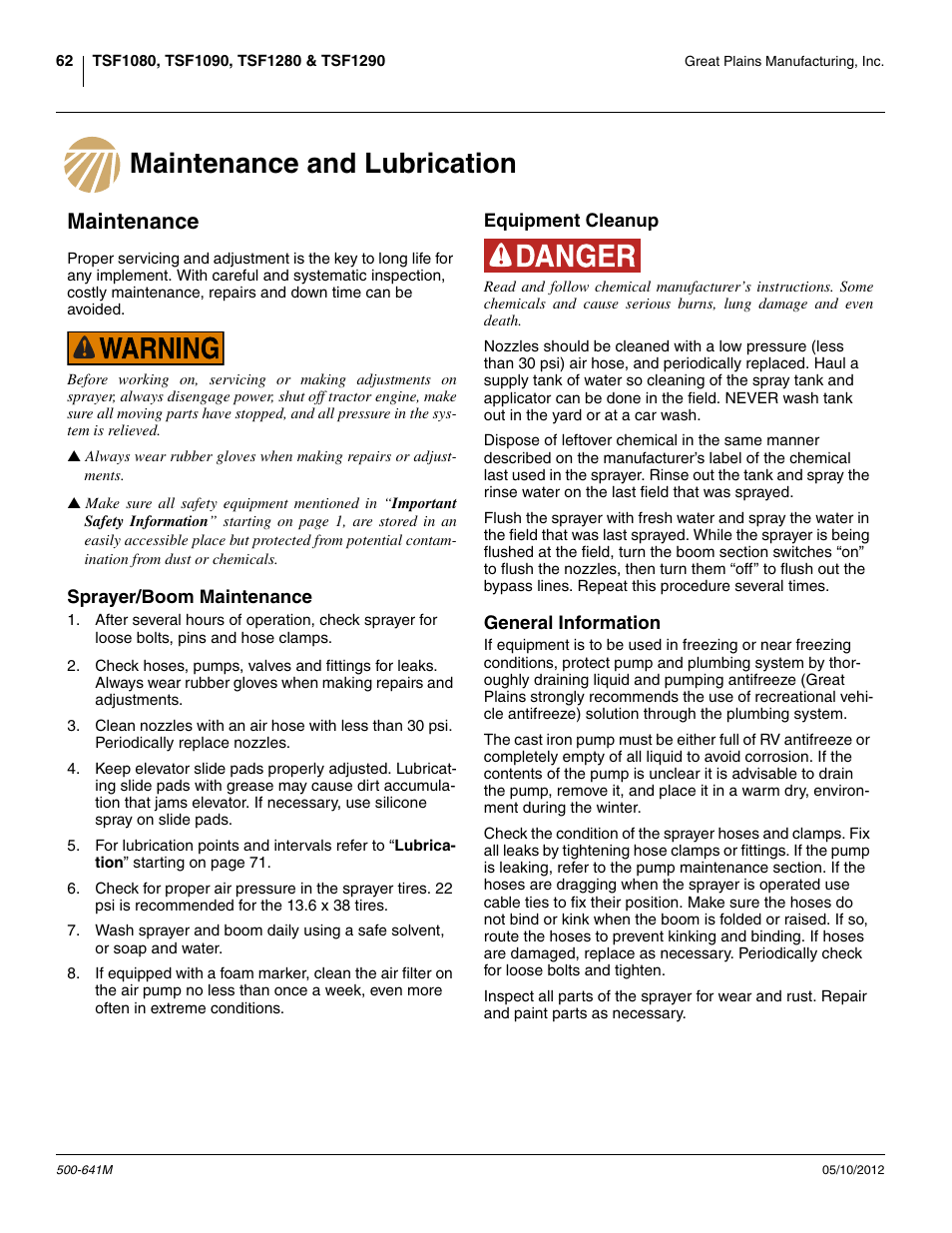 Maintenance and lubrication, Maintenance, Sprayer/boom maintenance | Equipment cleanup, General information, Maintenance and lubrication maintenance | Great Plains TSF1290 Operator Manual User Manual | Page 66 / 96