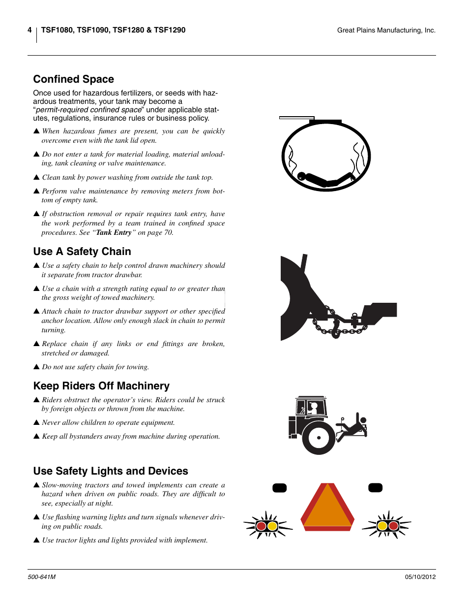 Confined space, Use a safety chain, Keep riders off machinery | Use safety lights and devices | Great Plains TSF1290 Operator Manual User Manual | Page 8 / 96