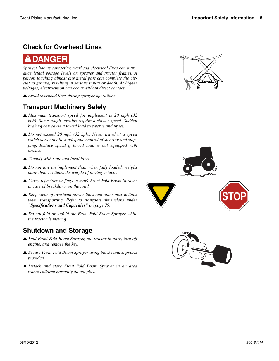 Check for overhead lines, Transport machinery safely, Shutdown and storage | Great Plains TSF1290 Operator Manual User Manual | Page 9 / 96