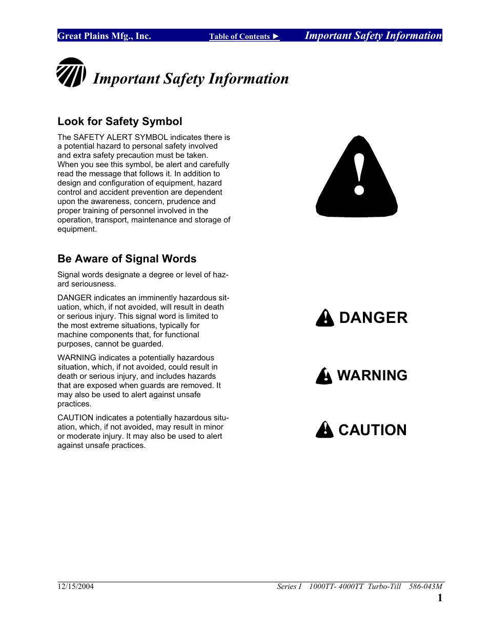Important safety information, Danger, Caution | Warning | Great Plains 4000TT Operator Manual User Manual | Page 3 / 76