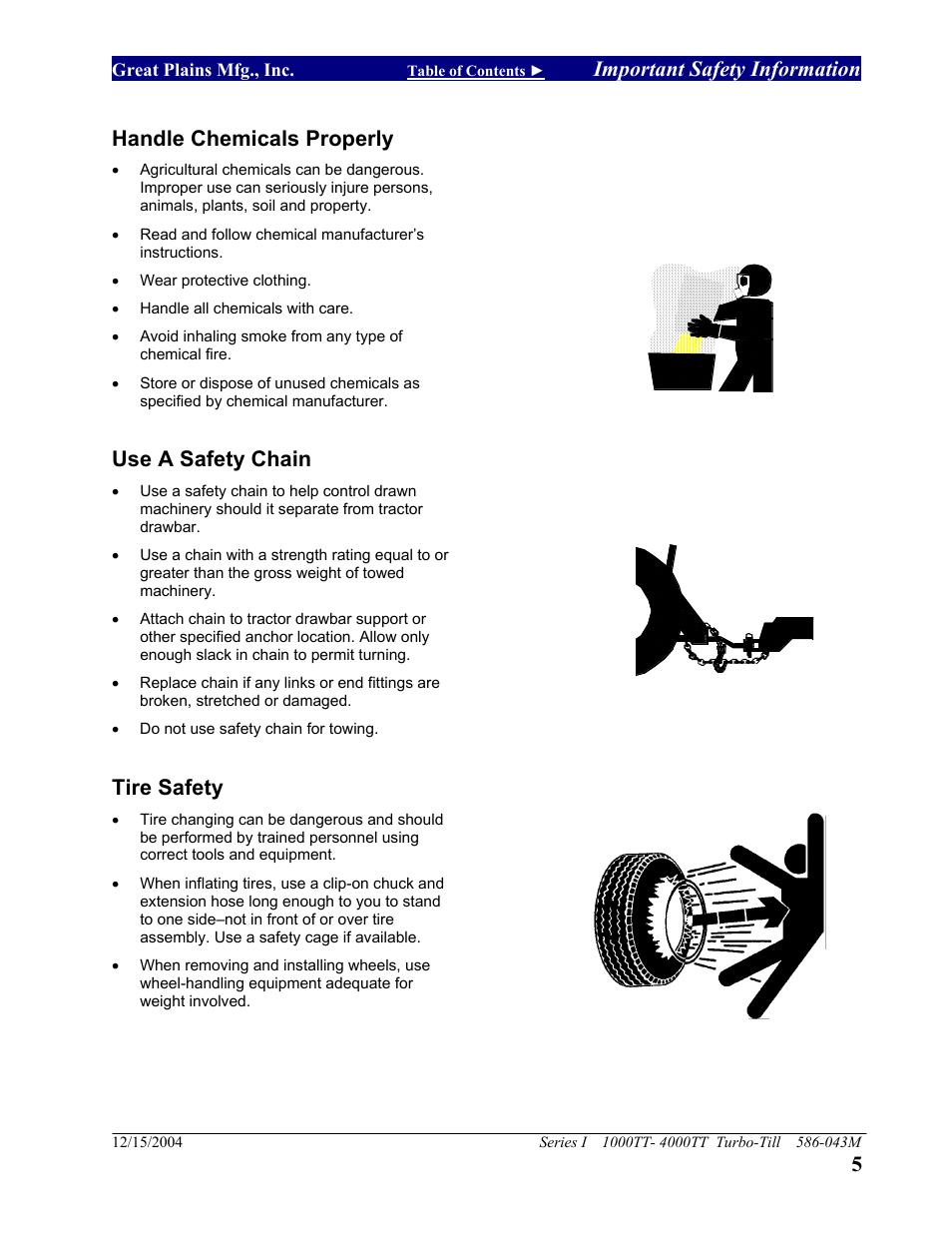 Important safety information, Handle chemicals properly, Use a safety chain | Tire safety | Great Plains 4000TT Operator Manual User Manual | Page 7 / 76