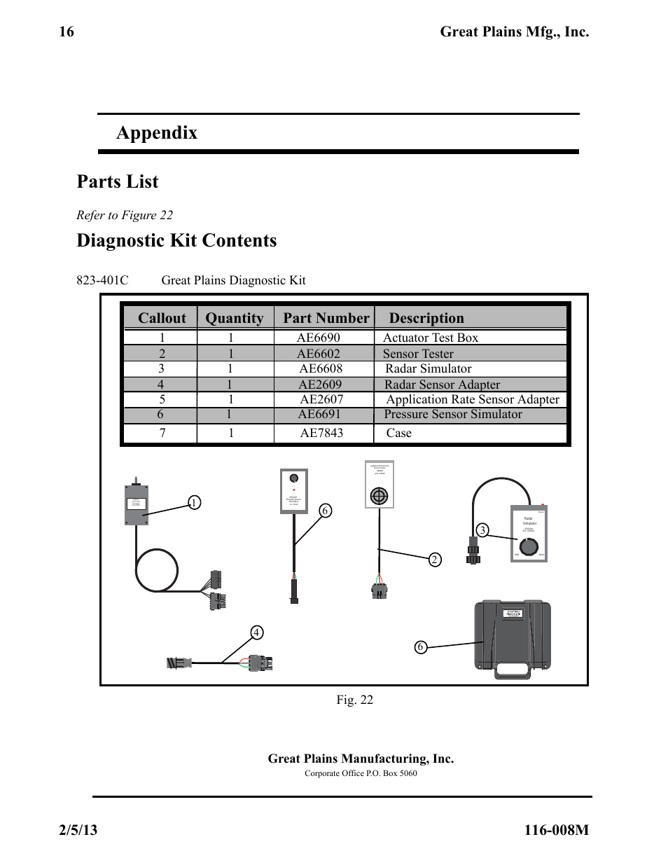 Appendix parts list, Diagnostic kit contents, Callout quantity part number description | Refer to figure 22, Fig. 22 | Great Plains PM300 Assembly Instructions User Manual | Page 16 / 16