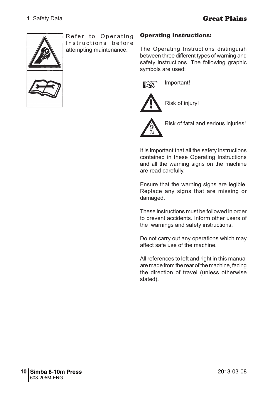 Great Plains Simba 8-10m Press Operator Manual User Manual | Page 10 / 44