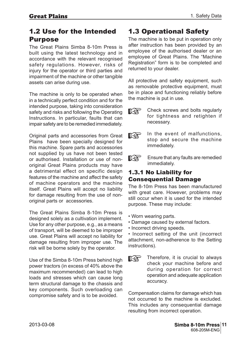 3 operational safety, 2 use for the intended purpose | Great Plains Simba 8-10m Press Operator Manual User Manual | Page 11 / 44