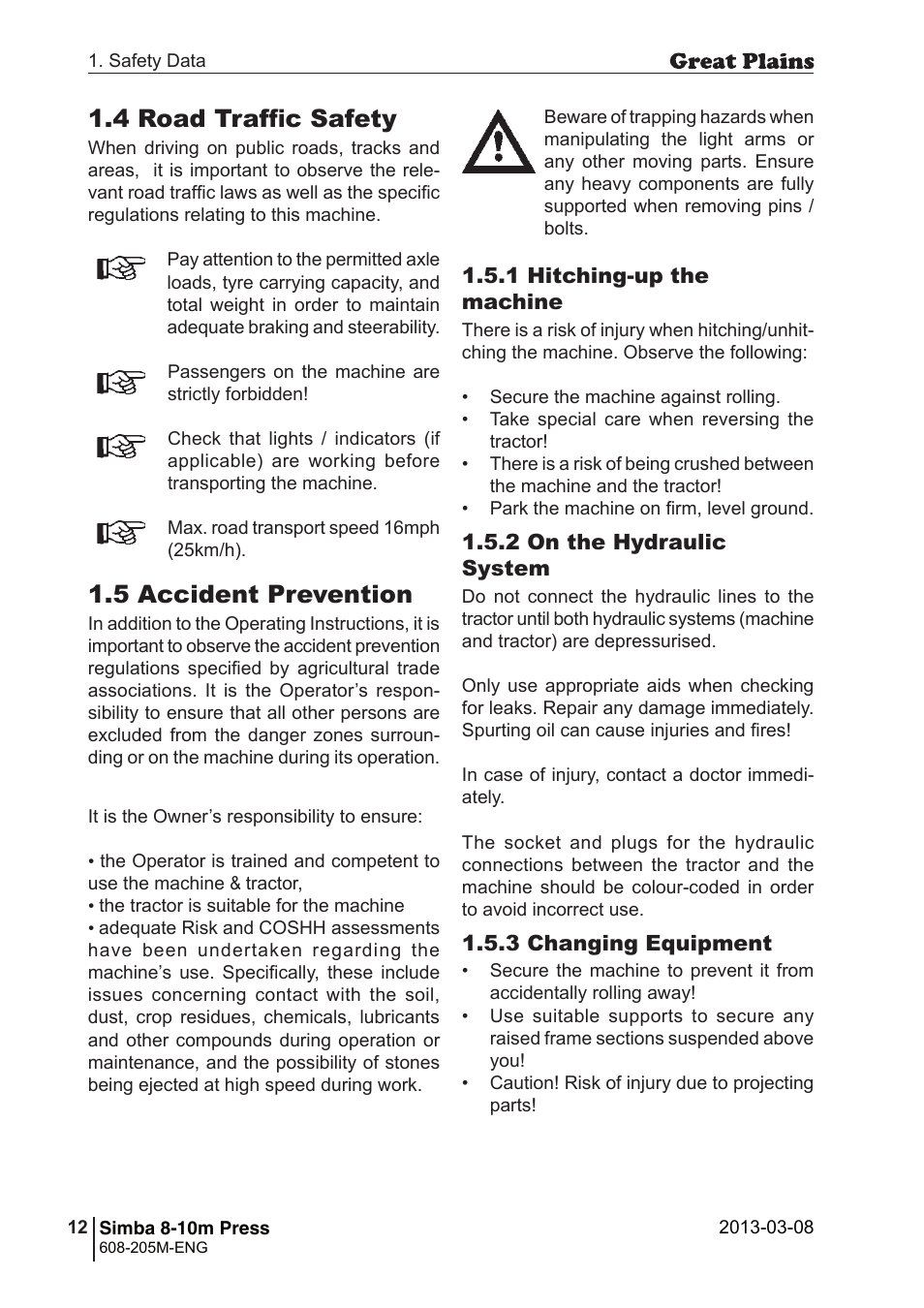 5 accident prevention, 4 road traffic safety | Great Plains Simba 8-10m Press Operator Manual User Manual | Page 12 / 44