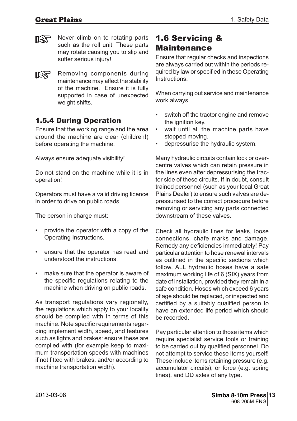 6 servicing & maintenance | Great Plains Simba 8-10m Press Operator Manual User Manual | Page 13 / 44