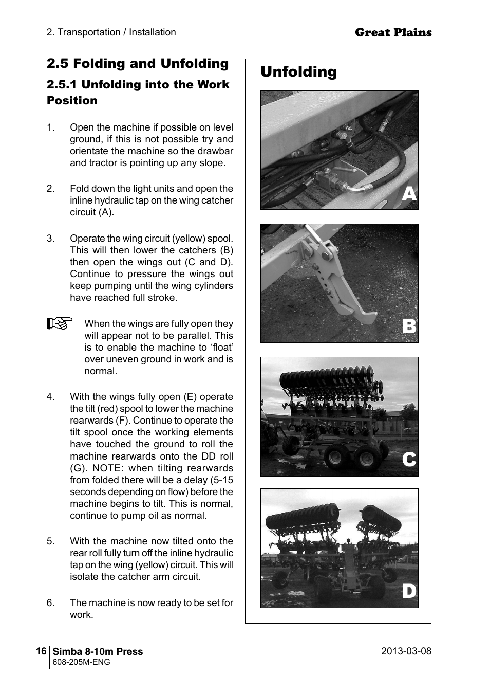 Ab c d, Unfolding, 5 folding and unfolding | Great Plains Simba 8-10m Press Operator Manual User Manual | Page 16 / 44