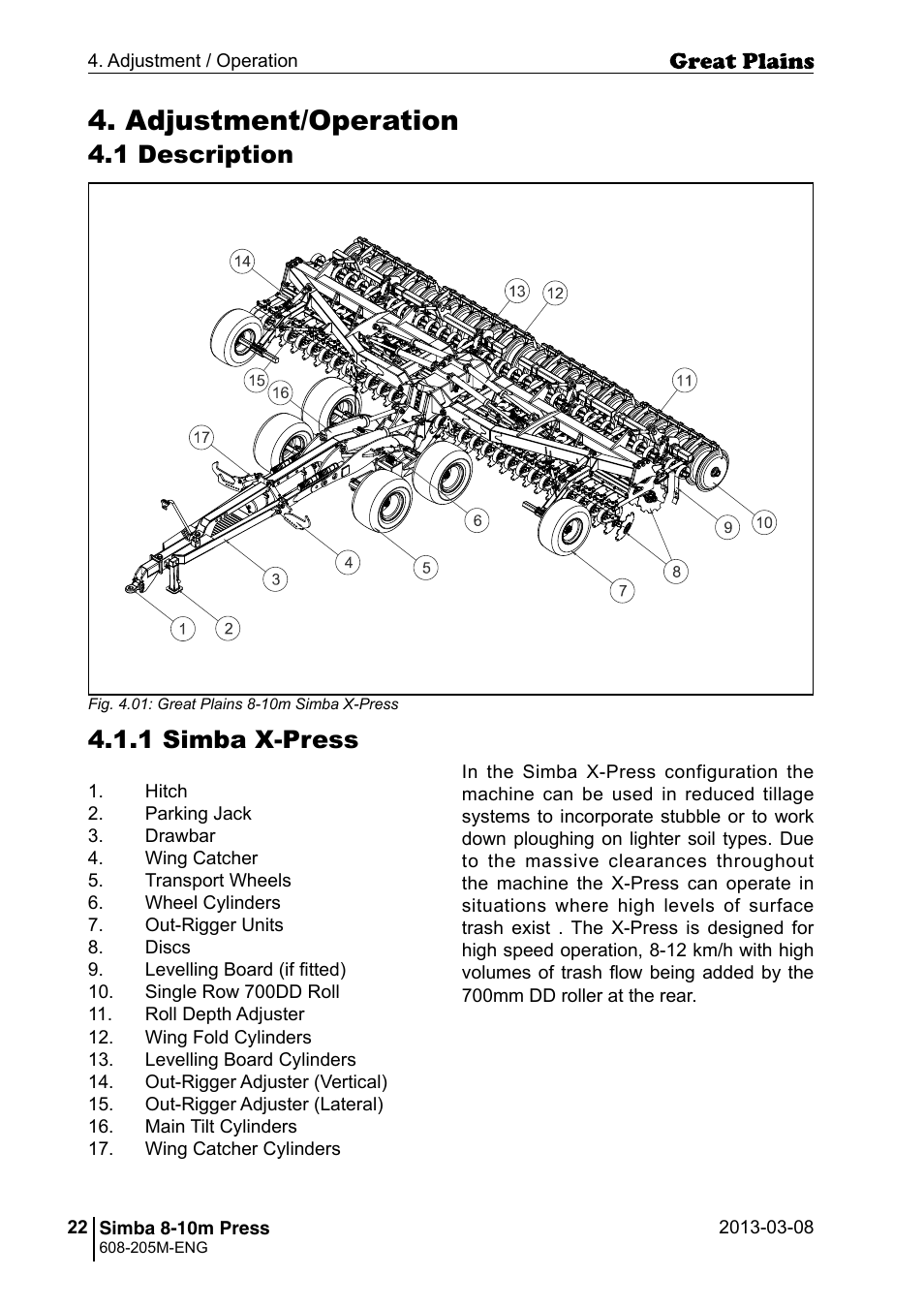 Adjustment/operation, 1 simba x-press, 1 description | Great Plains Simba 8-10m Press Operator Manual User Manual | Page 22 / 44