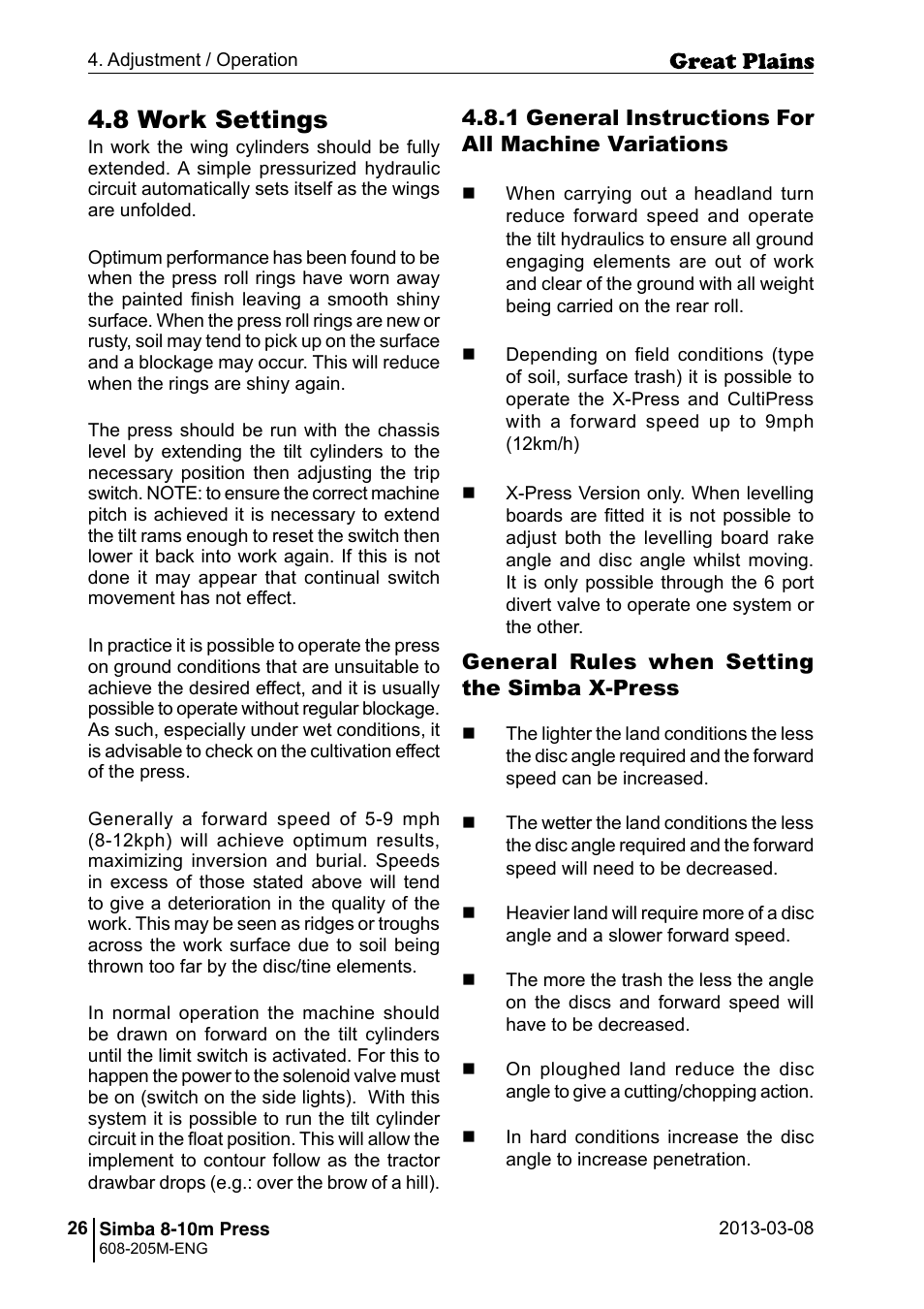 8 work settings | Great Plains Simba 8-10m Press Operator Manual User Manual | Page 26 / 44