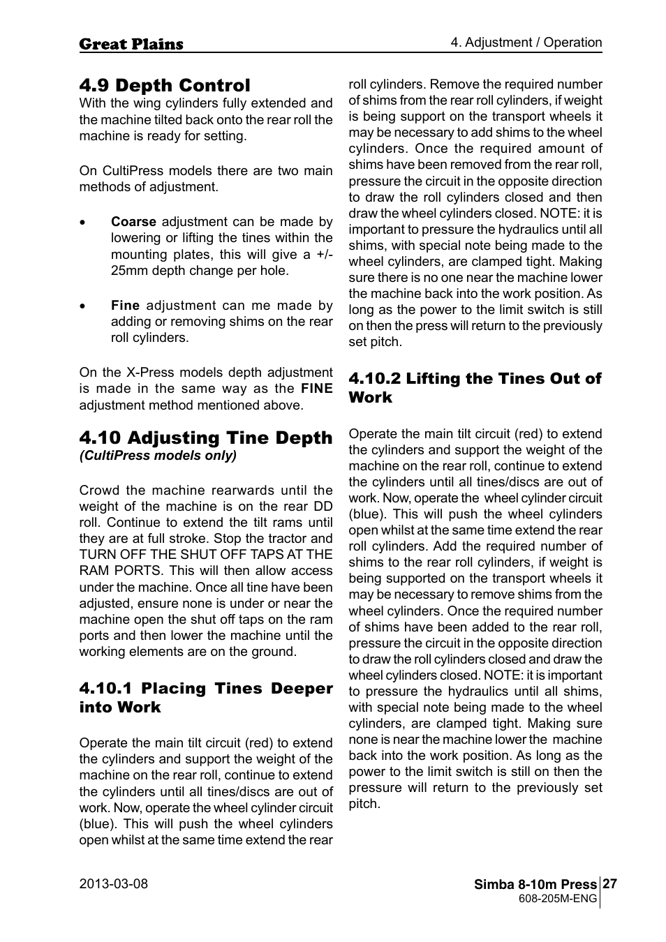 10 adjusting tine depth, 9 depth control | Great Plains Simba 8-10m Press Operator Manual User Manual | Page 27 / 44