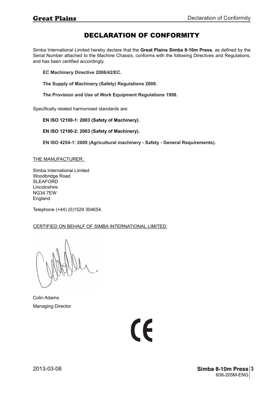 Declaration of conformity | Great Plains Simba 8-10m Press Operator Manual User Manual | Page 3 / 44