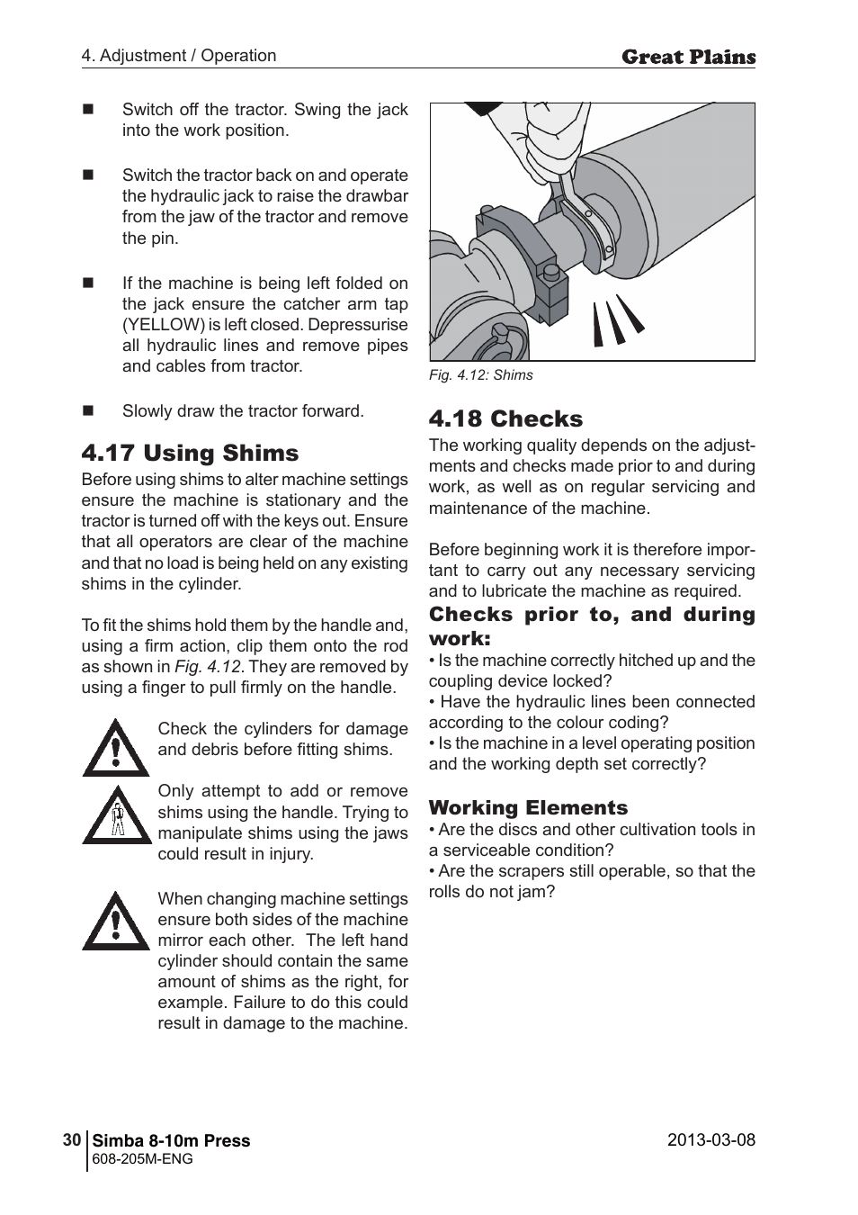 Cultipress, 18 checks, 17 using shims | Rear roll cylinder, 19 starting settings, Wheel height cylinder out-rigger adjuster, Lev. board cylinders, Starting settings | Great Plains Simba 8-10m Press Operator Manual User Manual | Page 30 / 44