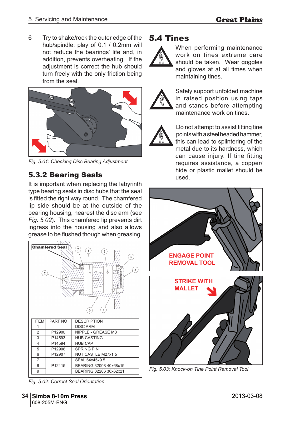 4 tines, 2 bearing seals | Great Plains Simba 8-10m Press Operator Manual User Manual | Page 34 / 44