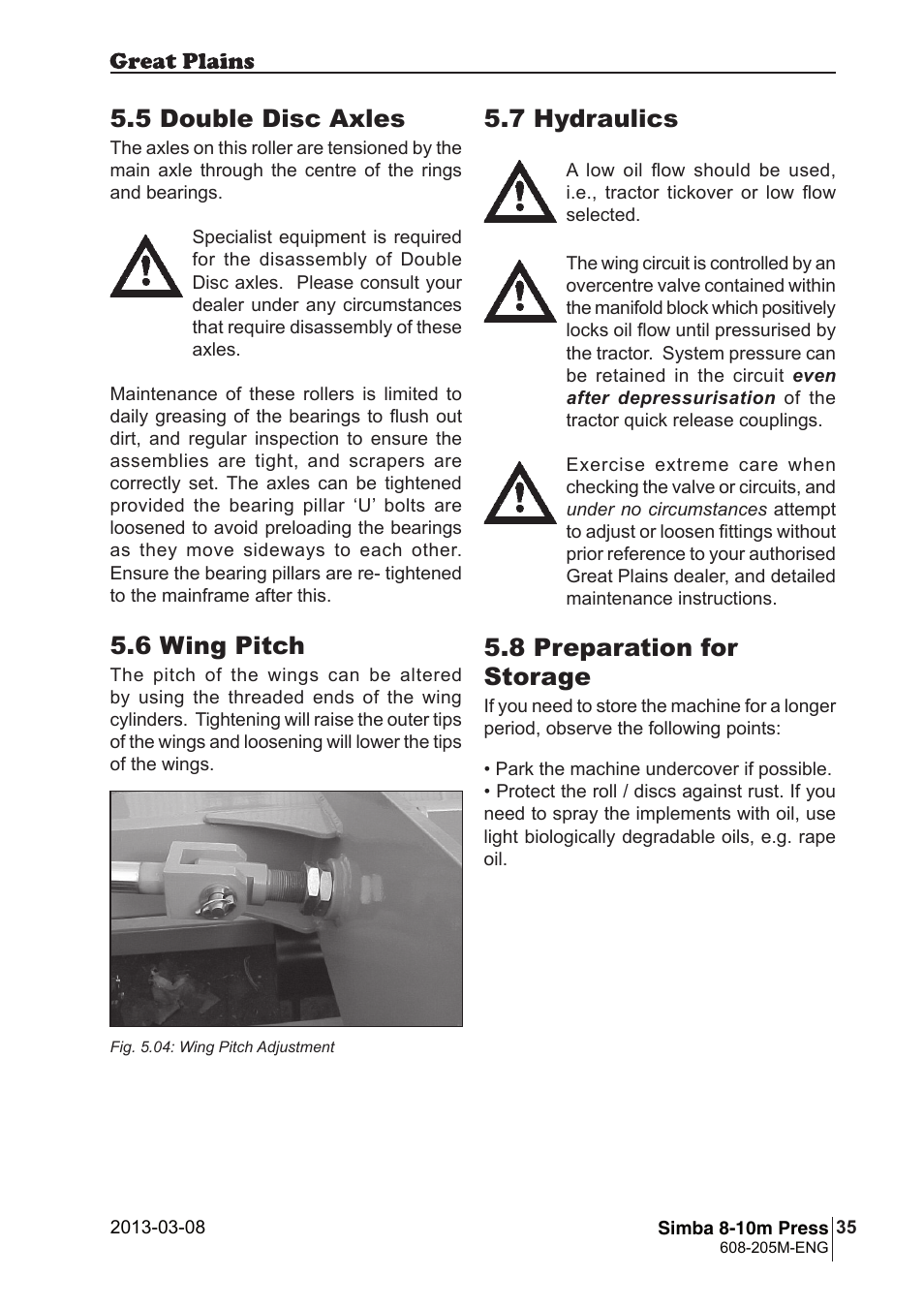 5 double disc axles, 6 wing pitch, 7 hydraulics | 8 preparation for storage | Great Plains Simba 8-10m Press Operator Manual User Manual | Page 35 / 44