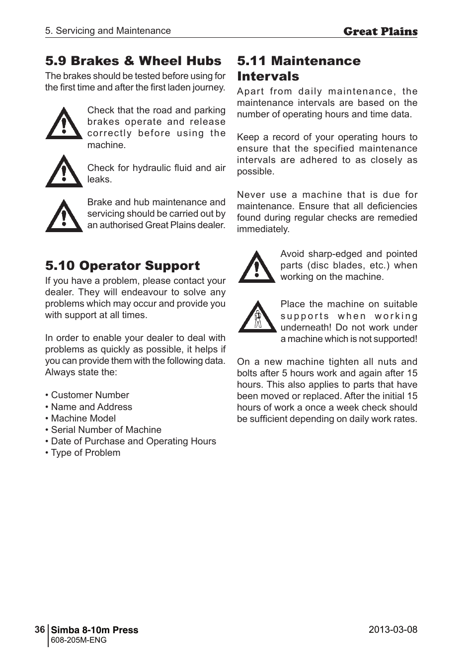 11 maintenance intervals, 10 operator support, 9 brakes & wheel hubs | Great Plains Simba 8-10m Press Operator Manual User Manual | Page 36 / 44