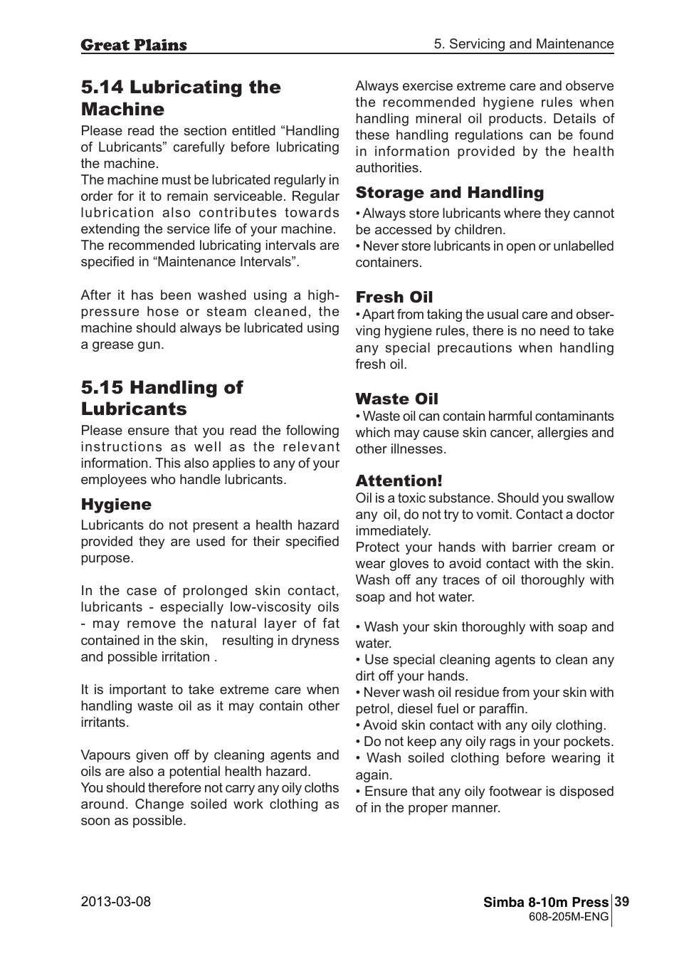 14 lubricating the machine, 15 handling of lubricants | Great Plains Simba 8-10m Press Operator Manual User Manual | Page 39 / 44