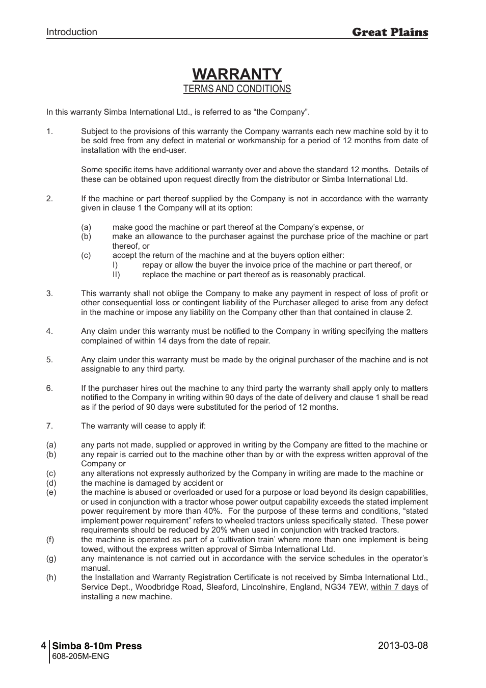 Warranty, Terms and conditions | Great Plains Simba 8-10m Press Operator Manual User Manual | Page 4 / 44