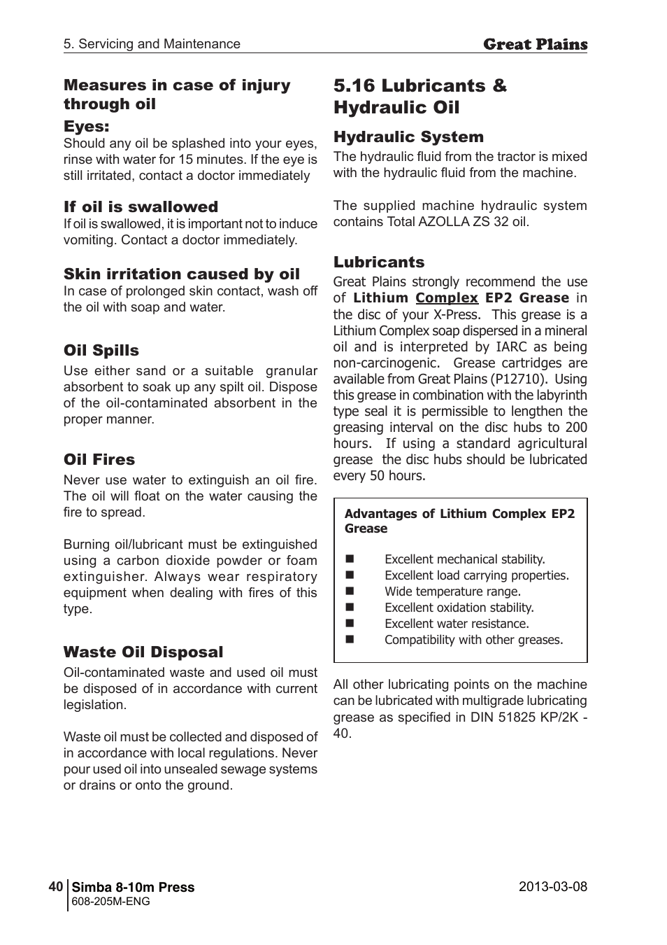 16 lubricants & hydraulic oil | Great Plains Simba 8-10m Press Operator Manual User Manual | Page 40 / 44