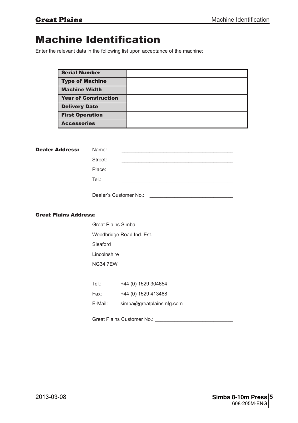 Machine identification | Great Plains Simba 8-10m Press Operator Manual User Manual | Page 5 / 44