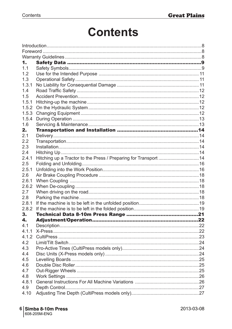 Great Plains Simba 8-10m Press Operator Manual User Manual | Page 6 / 44