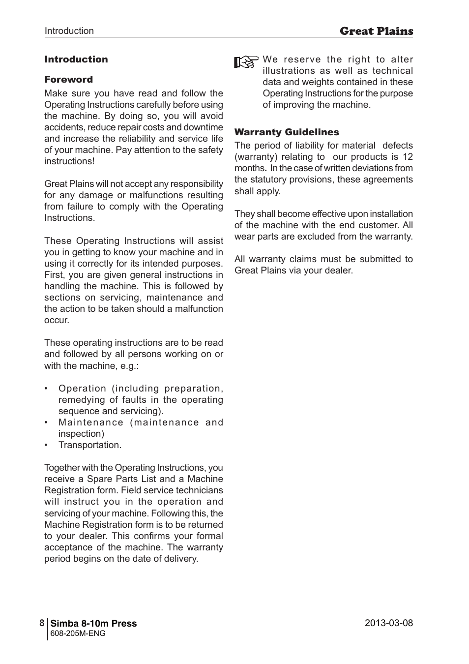 Great Plains Simba 8-10m Press Operator Manual User Manual | Page 8 / 44