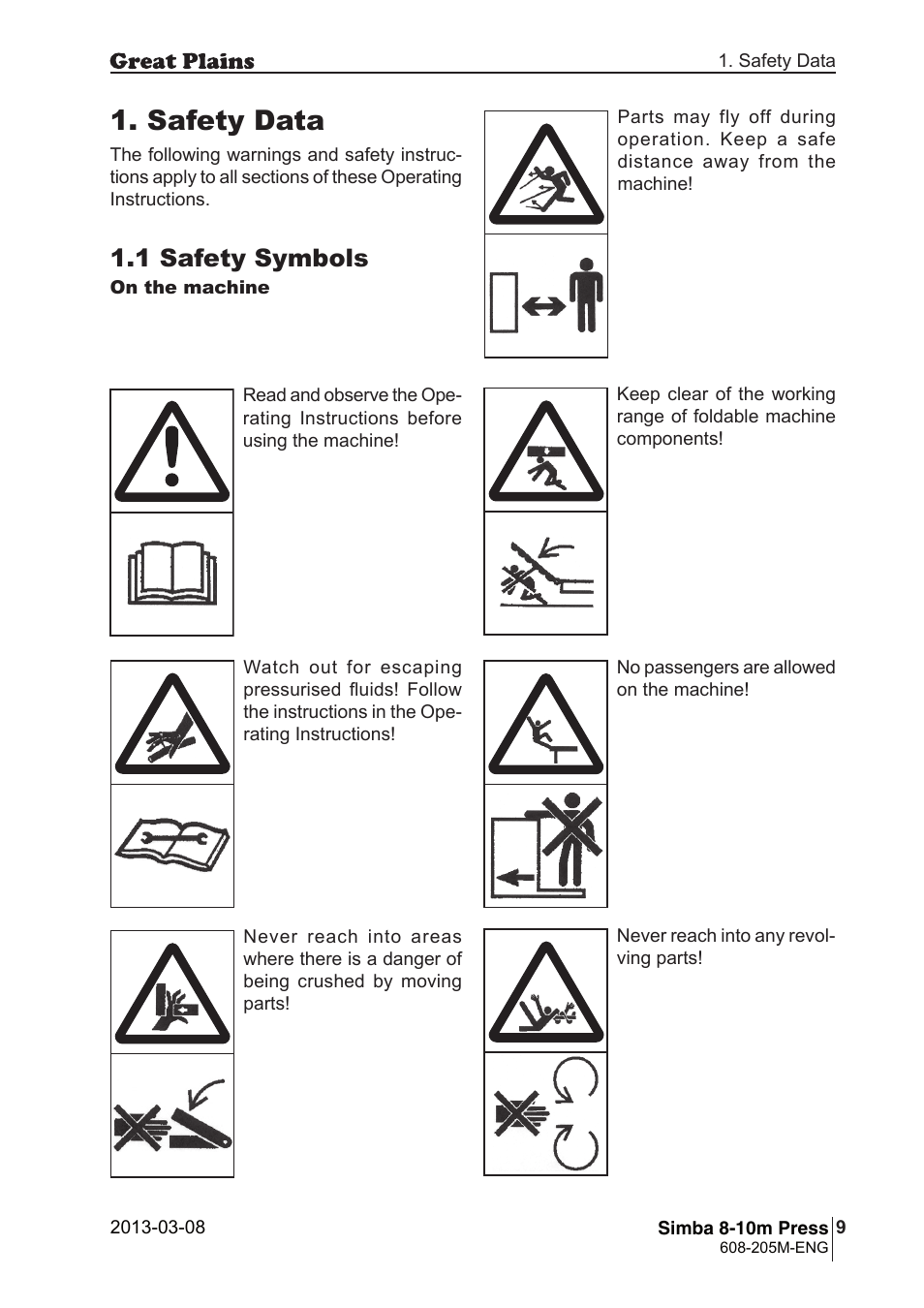 Safety data, 1 safety symbols | Great Plains Simba 8-10m Press Operator Manual User Manual | Page 9 / 44