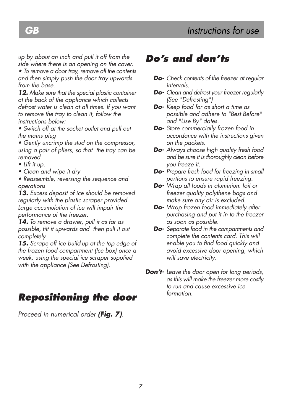 Instructions for use gb, Repositioning the door, Do’s and don’ts | Beko BK 7681 User Manual | Page 12 / 19