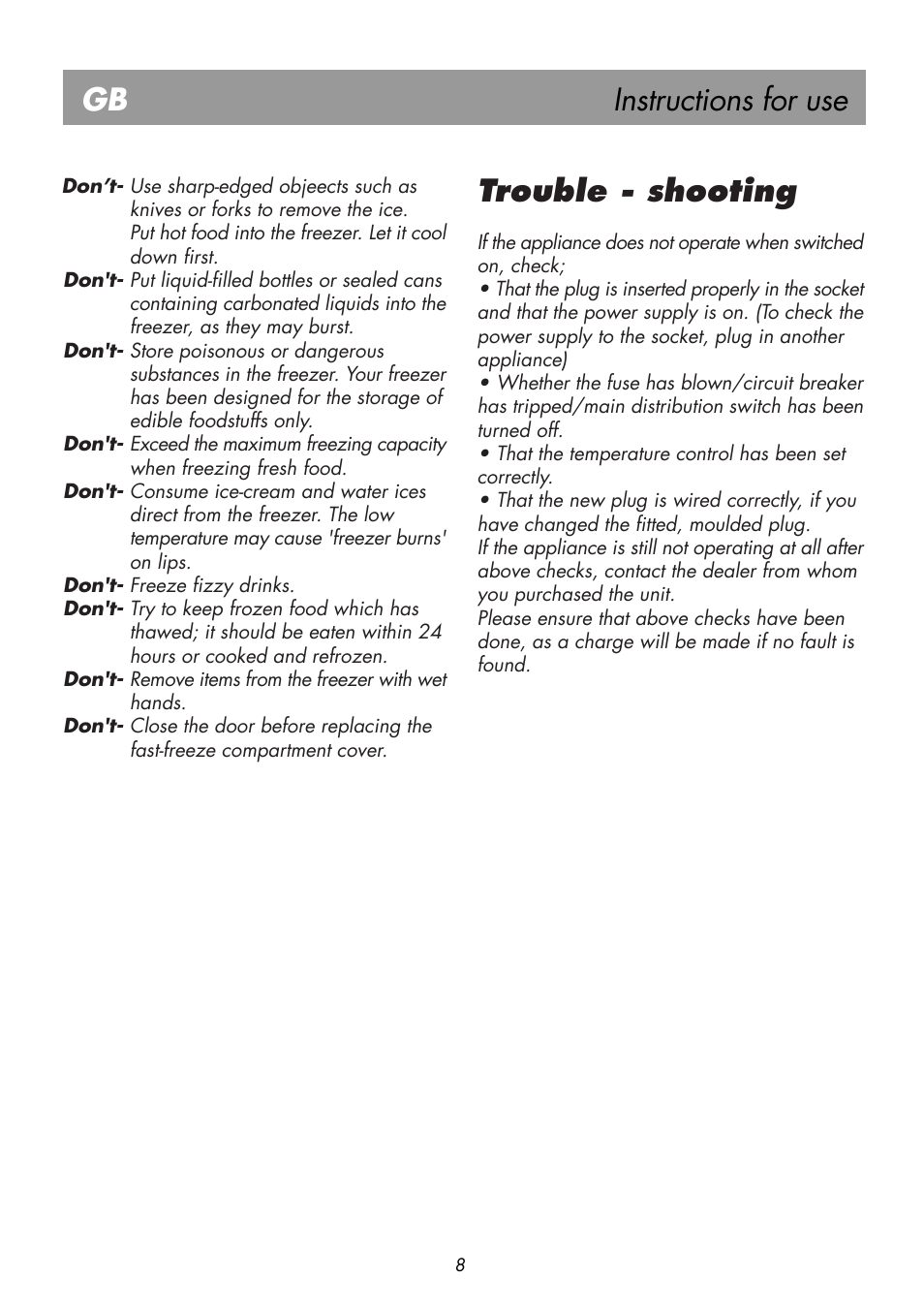 Instructions for use gb, Trouble - shooting | Beko BK 7681 User Manual | Page 13 / 19