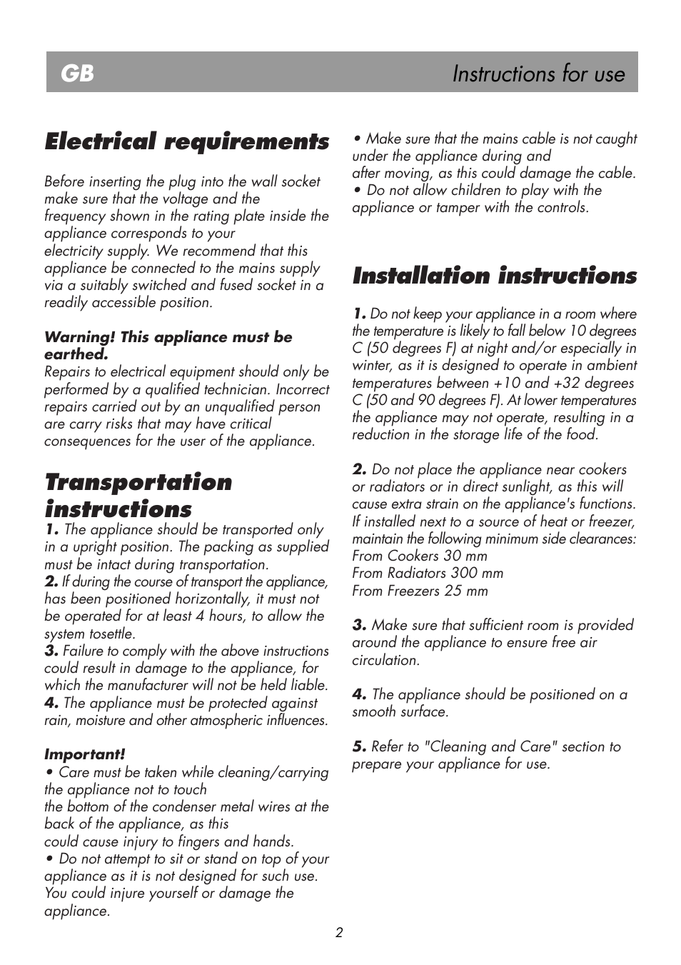 Instructions for use gb, Electrical requirements, Transportation instructions | Installation instructions | Beko BK 7681 User Manual | Page 7 / 19