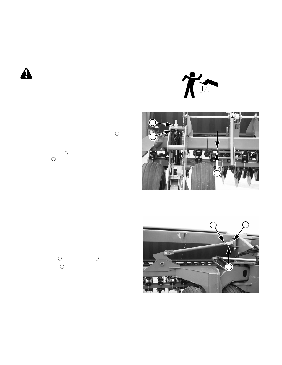 Leveling the drill, Opener frames level, Link tube | Opener frames level link tube, Warning | Great Plains 2S-2600HDF Predelivery Manual User Manual | Page 26 / 40