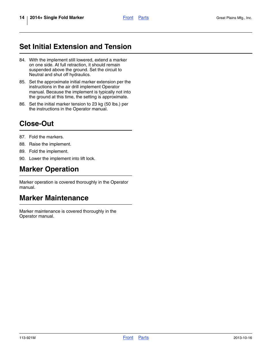 Set initial extension and tension, Close-out, Marker operation | Marker maintenance, Xtension is set at step 85.) | Great Plains NTA2007HD Installation Instructions User Manual | Page 14 / 20