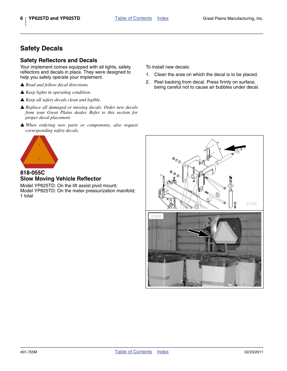 Safety decals, Safety reflectors and decals, 055c slow moving vehicle reflector | Great Plains YP925TD Operator Manual User Manual | Page 10 / 134