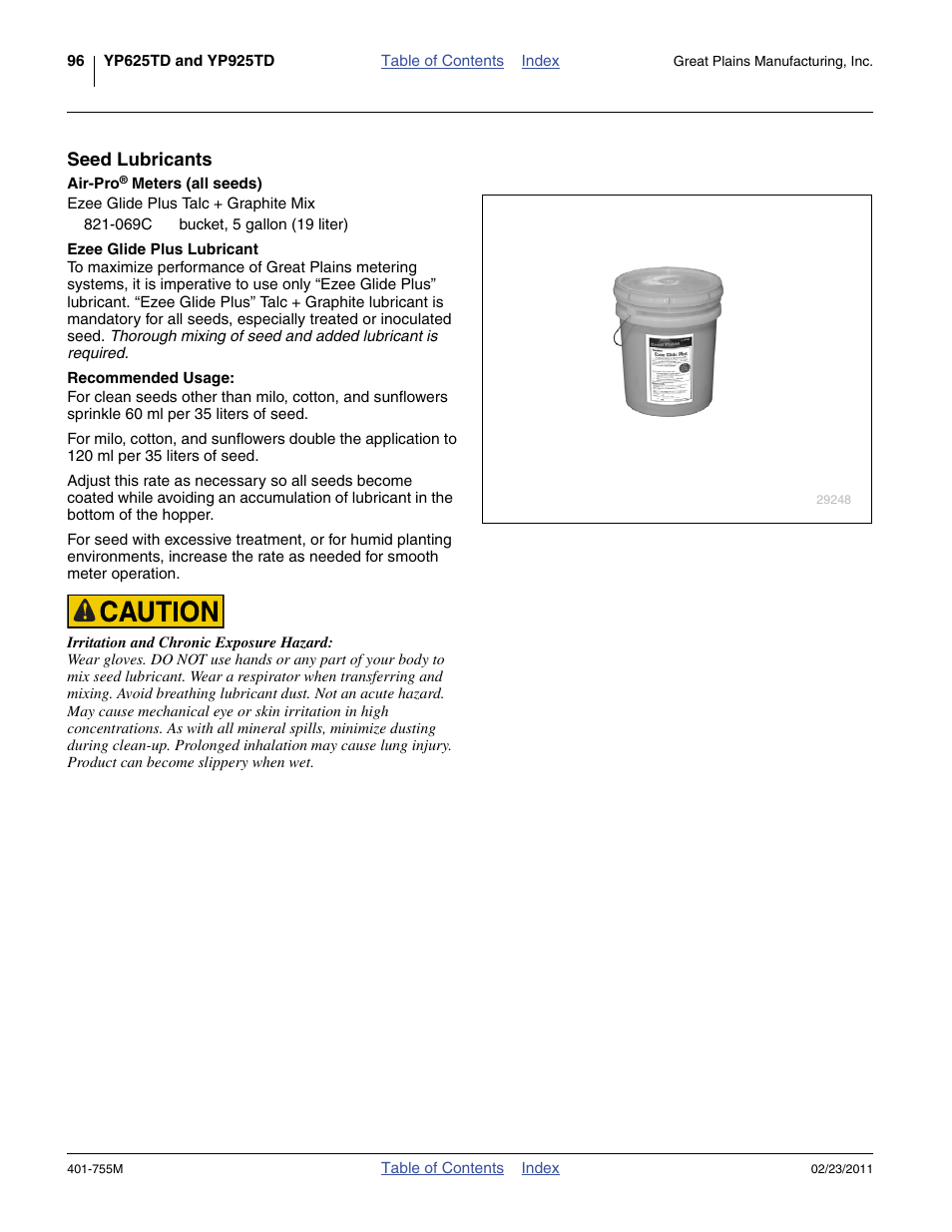 Seed lubricants, Air-pro® meters (all seeds), Ezee glide plus talc + graphite mix | Ezee glide plus lubricant | Great Plains YP925TD Operator Manual User Manual | Page 100 / 134