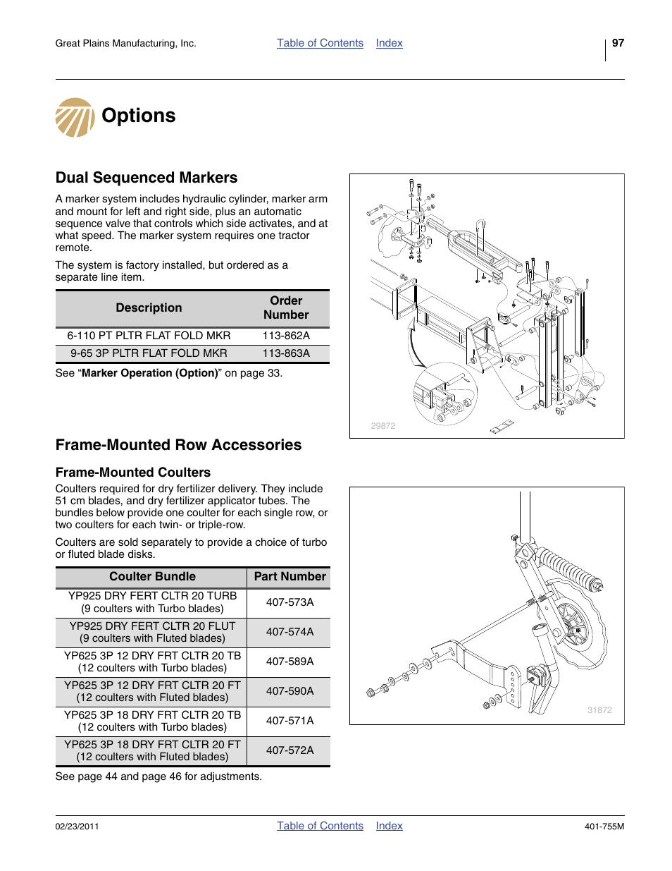Options, Dual sequenced markers, Frame-mounted row accessories | Frame-mounted coulters | Great Plains YP925TD Operator Manual User Manual | Page 101 / 134