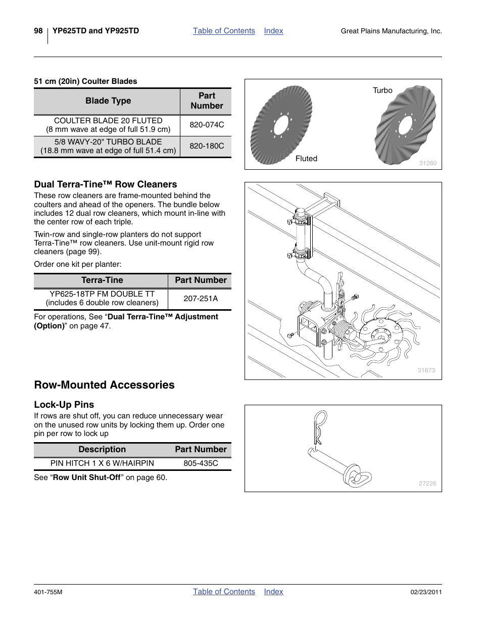 51 cm (20in) coulter blades, Dual terra-tine™ row cleaners, Row-mounted accessories | Lock-up pins, 435c | Great Plains YP925TD Operator Manual User Manual | Page 102 / 134