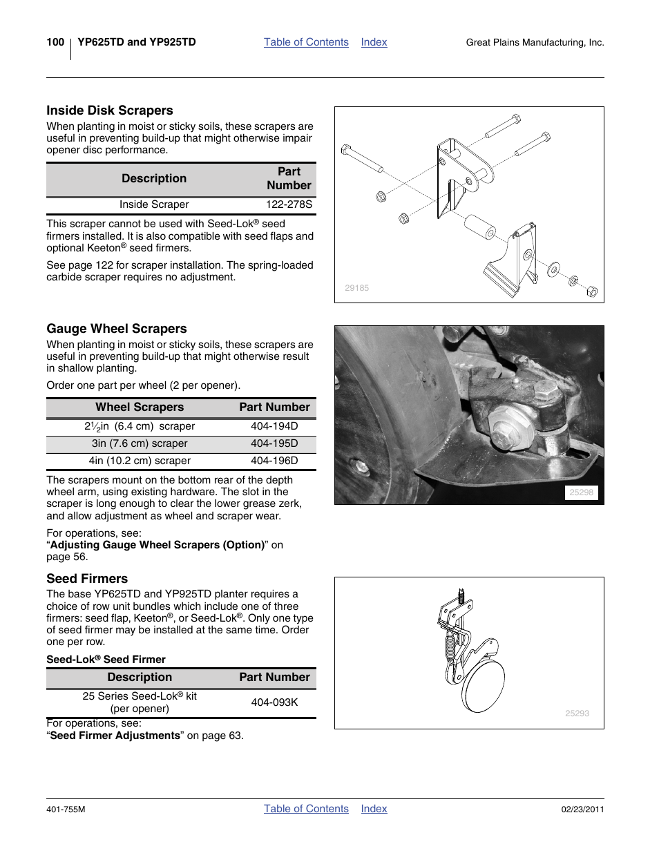 Inside disk scrapers, Gauge wheel scrapers, Seed firmers | Seed-lok® seed firmer | Great Plains YP925TD Operator Manual User Manual | Page 104 / 134