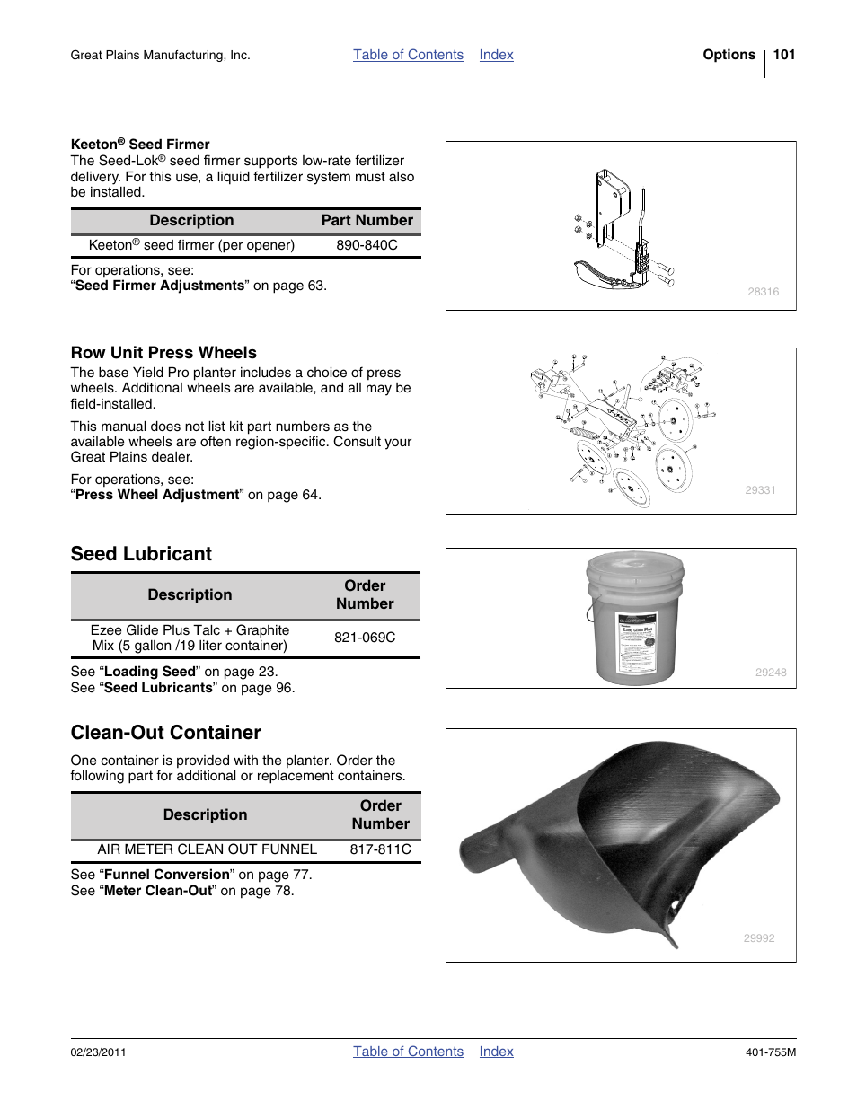 Keeton® seed firmer, Row unit press wheels, Seed lubricant | Clean-out container | Great Plains YP925TD Operator Manual User Manual | Page 105 / 134
