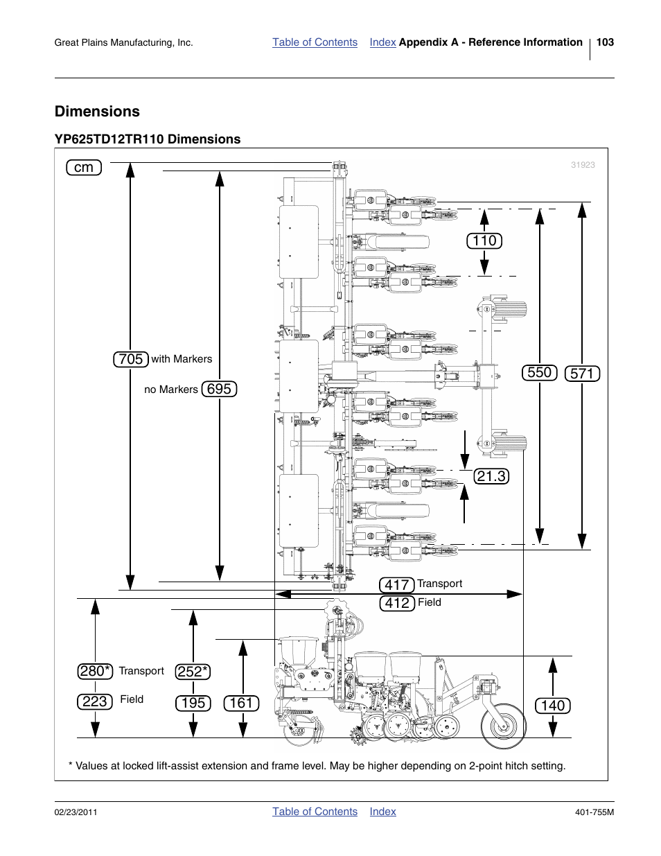 Dimensions, Yp625td12tr110 dimensions | Great Plains YP925TD Operator Manual User Manual | Page 107 / 134
