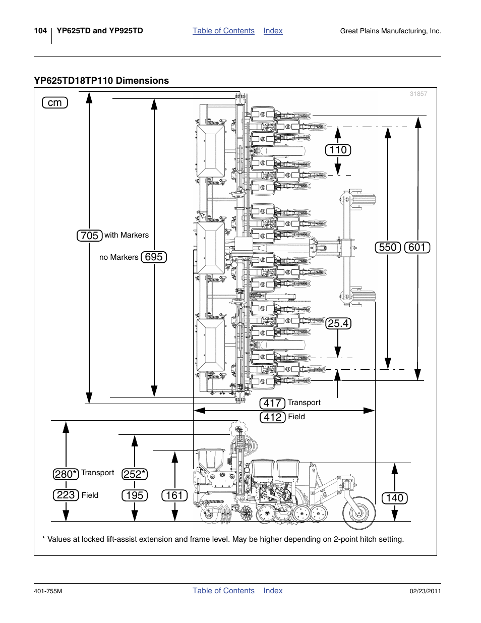 Yp625td18tp110 dimensions | Great Plains YP925TD Operator Manual User Manual | Page 108 / 134